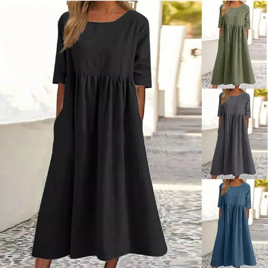 Alicia™- Round neck pocket cotton dress